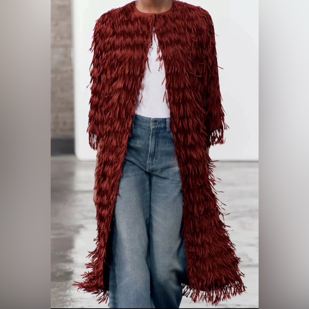 Zara Burgundy Feathered Coat